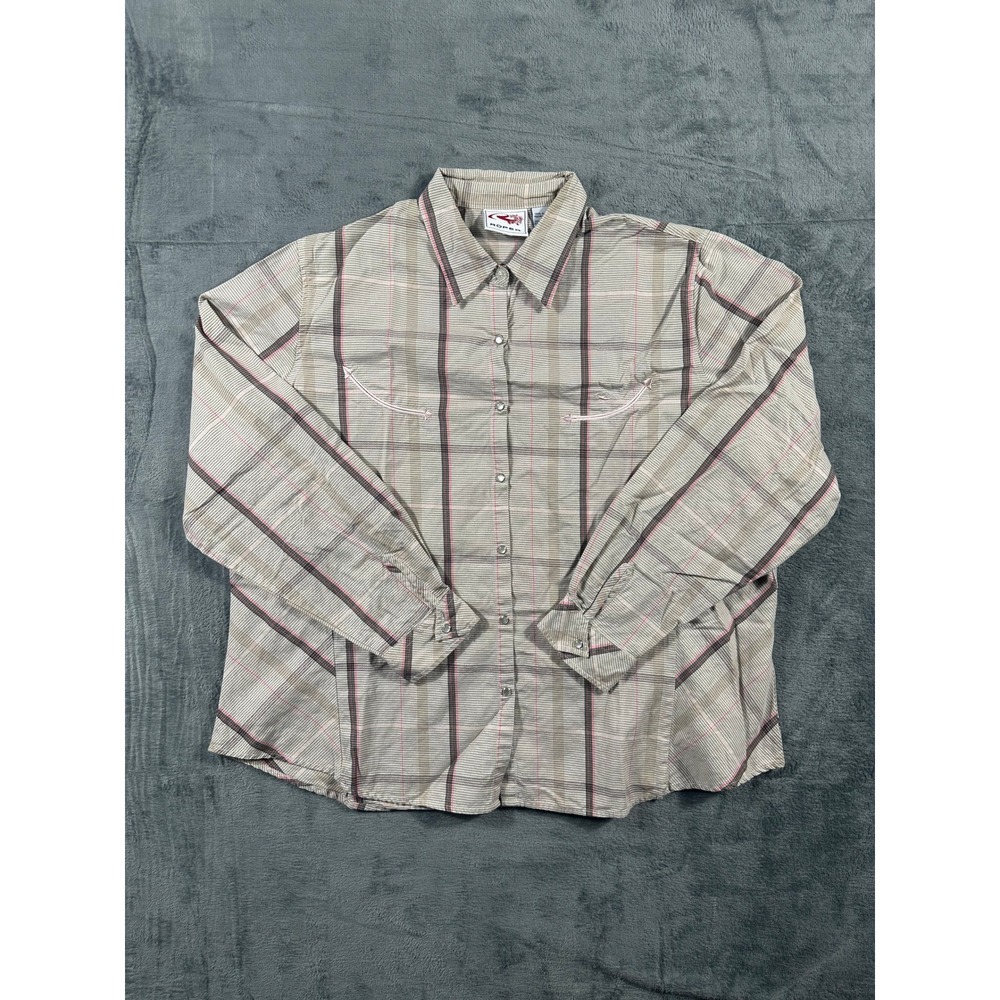 Roper Mens Western Shirt XL Tan Grey Pink Plaid Pearl Snap Long Sleeve Cotton